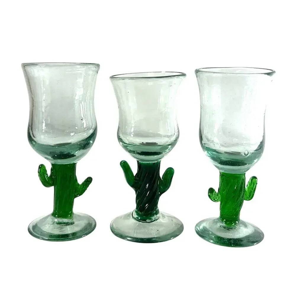Vintage Hand Blown Glass Cactus Goblets Set of 3 Green Saguaro Mexican Style